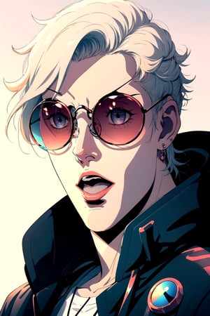 Cyberpunk Style, 1boy, male focus, solo, blonde hair, earrings, jewelry, sunglasses, open mouth, mole under eye, tinted eyewear, jacket, mole, short hair, hood, meme, looking at viewer, round eyewear, glasses