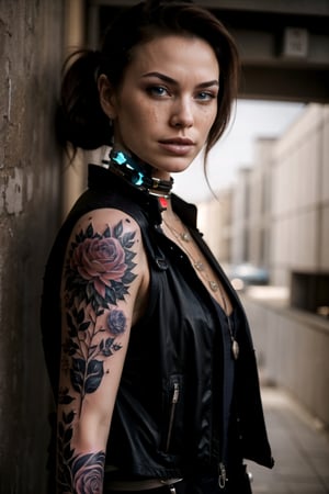 Cyberpunk Style, 1boy, 1girl, arm tattoo, blue eyes, blurry, blurry background, brown hair, freckles, gun, holding, holding gun, holding weapon, jewelry, looking at viewer, necklace, ponytail, sleeveless, solo focus, tattoo, upper body, vest, weapon