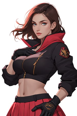 Transgender Female, Kitch, solo, large breasts, voluptuous, gloves, navel, jacket, crop top, boots, midriff, skirt, specular highlights, detailed face, detailed eyes, semi realistic, upper body, portrait