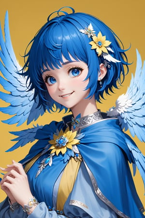Meteion 1girl, solo, looking at viewer, smile, short hair, bangs, blue eyes, simple background, hair ornament, long sleeves, jewelry, blue hair, upper body, flower, wings, hand up, hair flower, petals, capelet, hand on own chest, head wings, brooch, portrait, yellow background, feathered wings, colored eyelashes, bird wings, falling petals, blue capelet