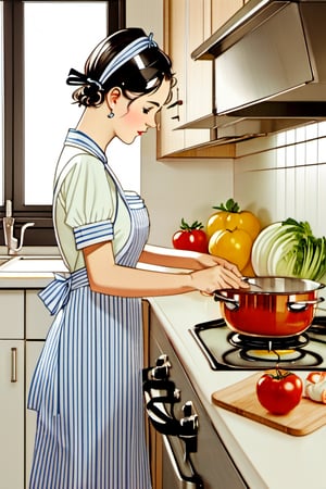 1girl, blush, short hair, shirt, black hair, 1boy, dress, bow, holding, short sleeves, hairband, food, striped, indoors, apron, profile, fruit, blue bow, knife, plate, spoon, cooking, holding spoon, kitchen, tomato, frying pan, sink, spatula, stove, kitchen knife, cutting board
