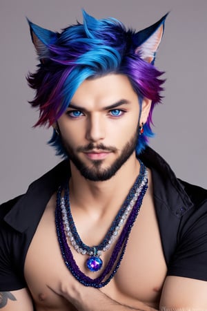 Khitli Locar, Miqote, cat boy,beard, blue eyes, blue hair, purple hair, stubble, cat boy, closed mouth, earrings, facial hair, jewelry, looking at viewer, multicolored hair, portrait, red eyes