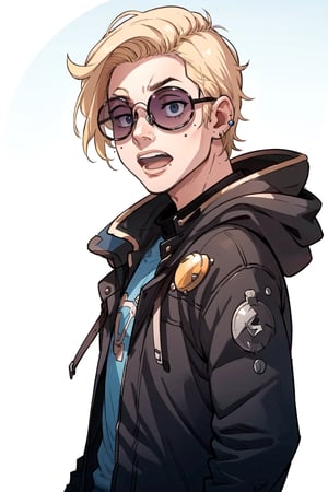 Cyberpunk Style, 1boy, male focus, solo, blonde hair, earrings, jewelry, sunglasses, open mouth, mole under eye, tinted eyewear, jacket, mole, short hair, hood, meme, looking at viewer, round eyewear, glasses