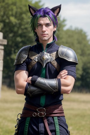 Khit'li L'ocar,  1boy, male focus, anthro, animal ears, cat ears,  blue eyes, red eyes,  heterochromia,armor, collar, crossed arms, earrings, flower, green hair,  purple hair, jewelry, looking at viewer, multicolored hair, outdoors, pauldrons, scar, short hair, shoulder armor, two-tone hair, upper body, realistic, specular highlights,  realistic