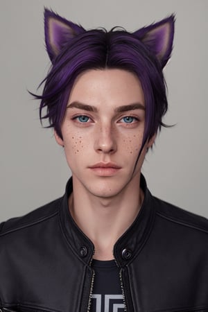 Maverick Ellis Rowe, 1boy, male focus, solo, looking at viewer, short hair, blue eyes, black hair, animal ears, jacket, purple hair, parted lips, cat ears, lips, colored sclera, freckles, realistic, nose