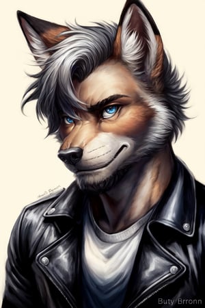 Andrew Bryant, 1boy, male focus, solo, two tone hair, grey hair, dusty brown hair, blue eyes, facial hair, beard, fox ears, silver fox vibes, gruff, dry looking skin, anthro, animal ears, animal ear fluff, furry, leather jacket with patches, detailed face, detailed eyes, detailed hair, tonemapping, ultra sharp, extremely detailed, side lighting, rim lighting, specular highlights,realistic