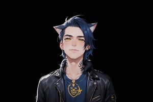 1boy, male focus, long hair, fluffy hair, navy blue hair, cat ears, animal ears, animal ear fluff, gold eyes, leather jacket, tshirt, portrait, upper body, tattoos, anarchist vibes, clean shaven