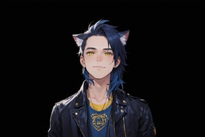 1boy, male focus, long hair, fluffy hair, navy blue hair, cat ears, animal ears, animal ear fluff, gold eyes, leather jacket, tshirt, portrait, upper body, tattoos, anarchist vibes, clean shaven