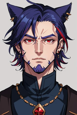 Khit'li L'ocar, beard, blue eyes, blue hair, purple hair, stubble, cat boy, closed mouth, earrings, facial hair, jewelry, looking at viewer, multicolored hair, portrait, red eyes 