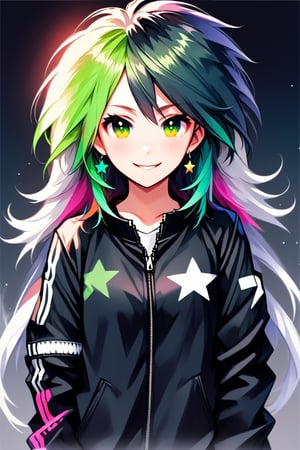 Niji Kei, long hair, genderless, looking at viewer, blush, smile, bangs, shirt, black hair, jewelry, closed mouth, jacket, upper body, white hair, multicolored hair, earrings, green hair, star (symbol), two-tone hair, streaked hair, black jacket, messy hair, multicolored clothes, zipper, 1boy  