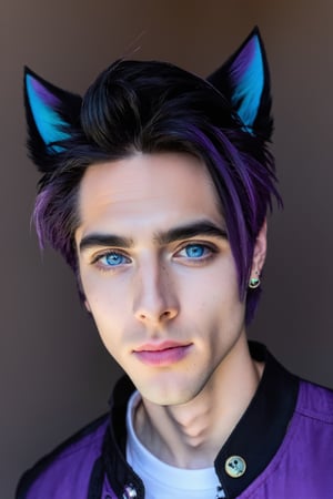 Maverick Ellis Rowe, 1boy, male focus, solo, looking at viewer, short hair, blue eyes, black hair, animal ears, jacket, purple hair, parted lips, cat ears, lips, colored sclera, freckles