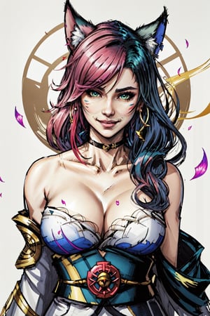 ahri, 1girl, absurdres, ahri_(league_of_legends), ((shiny skin, voluptuous, sexy, skindentation, ultra detailed, ultra sharp, extreme light and shadow, masterpiece)), pink_hair, animal_ear_fluff, animal_ears, bangs, bare_shoulders, bell, breasts, cleavage, facial_mark, fox_ears, fox_girl, green_kimono, hair_bell, hair_ornament, highres, japanese_clothes, kimono, large_breasts, league_of_legends, long_hair, looking_at_viewer, petals, ribbon, signature, smile, solo, spiritblossom(league_of_legends), spirit_blossom_ahri, wang_bu_chou, whisker_markings 