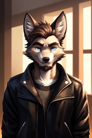 Andrew Bryant, 1boy, male focus, solo, two tone hair, grey hair, dusty brown hair, blue eyes, facial hair, beard, fox ears, silver fox vibes, gruff, dry looking skin, anthro, animal ears, animal ear fluff, furry, leather jacket with patches, detailed face, detailed eyes, detailed hair, tonemapping, ultra sharp, extremely detailed, side lighting, rim lighting, specular highlights,