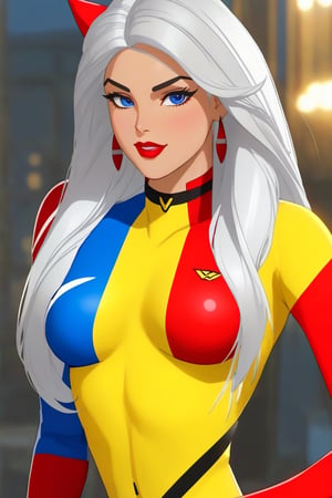 1girl, solo, long hair, blonde hair,  jacket, white hair, red hair, multicolored hair, dark skin, two-tone hair, bodysuit, makeup, muscular, headband, colored skin, lipstick, blue skin, retro artstyle, yellow bodysuit,