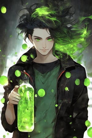 Niji Slime, looking at viewer, black hair, 1boy, holding, jacket, upper body, male focus, multicolored hair, floating hair, glowing, bottle, messy hair, covered mouth, holding bottle, grey skin, straight-on, green theme, liquid