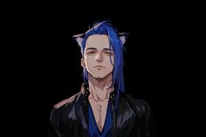 1boy, male focus, long blue hair, cat ears, animal ears, animal ear fluff, gold eyes, leather jacket, tshirt, portrait, upper body