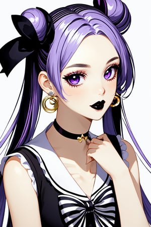 1girl, solo, long hair, looking at viewer, bangs, simple background, black hair, hair ornament, white background, bow, twintails, jewelry, purple eyes, upper body, hair bow, multicolored hair, earrings, frills, parted lips, sleeveless, striped, hair bun, parted bangs, double bun, makeup, lipstick, crescent, eyeshadow, striped bow, black lips, tsukino usagi
