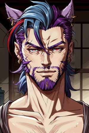 Khit'li L'ocar, beard, blue eyes, blue hair, purple hair, stubble, cat boy, closed mouth, earrings, facial hair, jewelry, looking at viewer, multicolored hair, portrait, red eyes, realistic