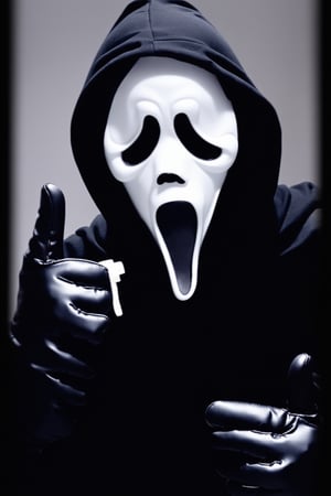 Ghostface Baller, solo, open mouth, simple background, gloves, 1boy, male focus, black gloves, hood, mask, hood up, black border