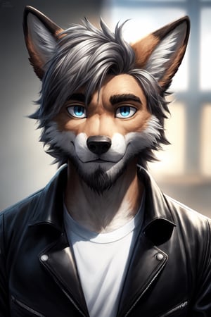 Andrew Bryant, 1boy, male focus, solo, two tone hair, grey hair, dusty brown hair, blue eyes, facial hair, beard, fox ears, silver fox vibes, gruff, dry looking skin, anthro, animal ears, animal ear fluff, furry, leather jacket with patches, detailed face, detailed eyes, detailed hair, tonemapping, ultra sharp, extremely detailed, side lighting, rim lighting, specular highlights,