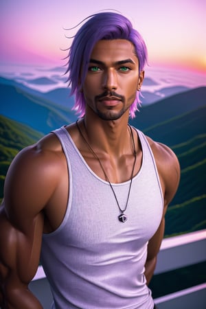 Aeron X'voor, solo, 1boy, male focus, green eyes, light purple hair, stubble, goatee, dark skinned male, dark skin, lips, shirt, tank top, hyur, specular highlights, gradient, dynamic pose,