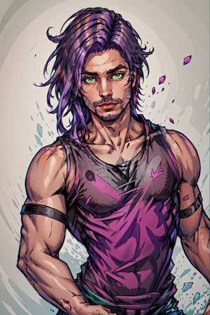  solo, 1boy, male focus, light purple hair,  green eyes, stubble, goatee, dark skinned male, dark skin, lips, shirt, tank top, hyur, specular highlights, gradient, dynamic pose,