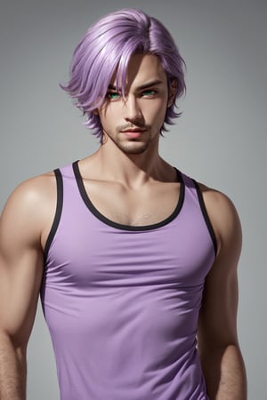 solo, 1boy, male focus, light purple hair,  green eyes, stubble, goatee, dark skinned male, dark skin, lips, shirt, tank top, hyur, specular highlights, gradient, dynamic pose,