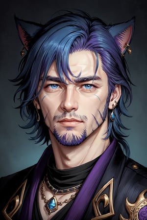 Khit'li L'ocar, beard, blue eyes, blue hair, purple hair, stubble, cat boy, closed mouth, earrings, facial hair, jewelry, looking at viewer, multicolored hair, portrait, red eyes, realistic