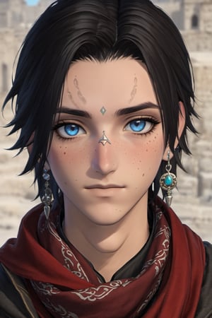 Khitli Viera, 1boy, male focus, solo, looking at viewer, short hair, blue eyes, black hair, jewelry, closed mouth, earrings, scarf, tattoo, facial mark, portrait, freckles, red scarf, 