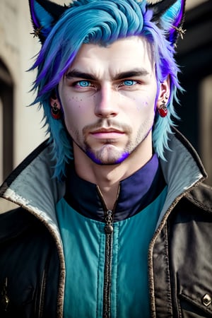 Khit'li L'ocar, beard, blue eyes, blue hair, purple hair, stubble, cat boy, closed mouth, earrings, facial hair, jewelry, looking at viewer, multicolored hair, portrait, red eyes, realistic