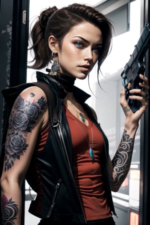 Cyberpunk Style, 1boy, 1girl, arm tattoo, blue eyes, blurry, blurry background, brown hair, freckles, gun, holding, holding gun, holding weapon, jewelry, looking at viewer, necklace, ponytail, sleeveless, solo focus, tattoo, upper body, vest, weapon