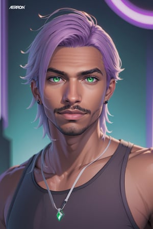 Aeron X'voor, solo, 1boy, male focus, green eyes, light purple hair, stubble, goatee, dark skinned male, dark skin, lips, shirt, tank top, hyur, specular highlights, gradient, dynamic pose,