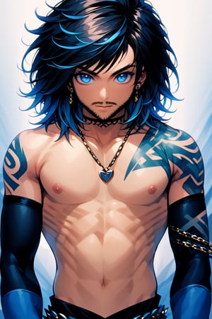 Niji Kei, looking at viewer, blue eyes, black hair, gloves, 1boy, navel, jewelry, closed mouth, male focus, earrings, black gloves, midriff, fingerless gloves, medium hair, necklace, crop top, tattoo, muscular, facial hair, piercing, abs, ear piercing, beard, stubble, arm tattoo, chain necklace