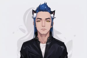 1boy, male focus, american, long hair, fluffy hair, navy blue hair, cat ears, animal ears, animal ear fluff, gold eyes, leather jacket, tshirt, portrait, upper body, tattoos, anarchist vibes, clean shaven