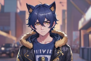 1boy, male focus, american, long hair, fluffy hair, navy blue hair, cat ears, animal ears, animal ear fluff, gold eyes, leather jacket, tshirt, portrait, upper body, tattoos, anarchist vibes, clean shaven