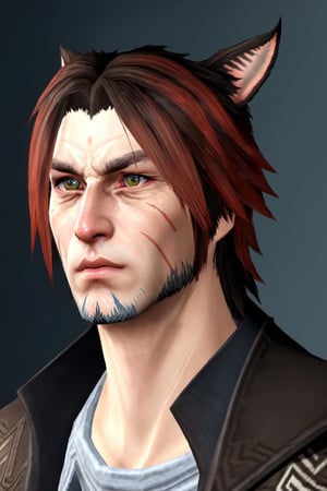 Khit'li L'ocar, beard, black hair, blue background, blue eyes, red eyes,  heterochromia, cat boy, closed mouth, facial hair, looking at viewer, multicolored hair, portrait, red hair, short hair, two-tone hair, realistic, specular highlights,  realistic