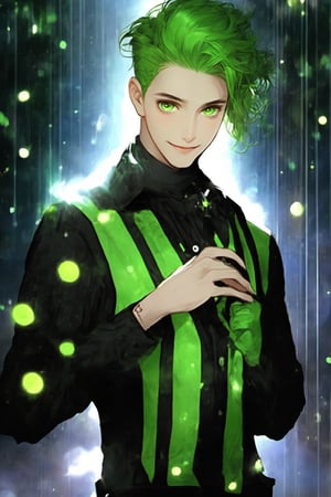 Niji Slime, looking at viewer, smile, short hair, shirt, gloves, long sleeves, 1boy, closed mouth, upper body, male focus, multicolored hair, makeup, glowing, own hands together, striped shirt, green theme, liquid, green lips
