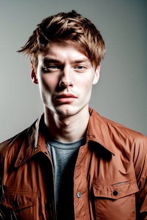 1boy, male focus, masculine, solo, looking at viewer, short hair, blue eyes, brown hair, shirt, closed mouth, jacket, male focus, black shirt, facial hair, portrait, realistic, facial hair, beard, light stubble,