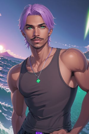 Aeron X'voor, solo, 1boy, male focus, green eyes, light purple hair, stubble, goatee, dark skinned male, dark skin, lips, shirt, tank top, hyur, specular highlights, gradient, dynamic pose,