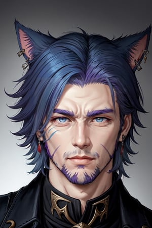 Khit'li L'ocar, beard, blue eyes, blue hair, purple hair, stubble, cat boy, closed mouth, earrings, facial hair, jewelry, looking at viewer, multicolored hair, portrait, red eyes, realistic