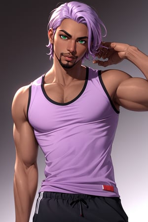 solo, 1boy, male focus, light purple hair,  green eyes, stubble, goatee, dark skinned male, dark skin, lips, shirt, tank top, hyur, specular highlights, gradient, dynamic pose,