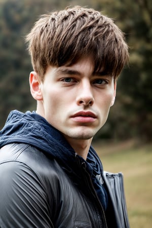 1boy, male focus, masculine, solo, looking at viewer, short hair, blue eyes, brown hair, shirt, closed mouth, jacket, male focus, black shirt, facial hair, portrait, realistic, light stubble,