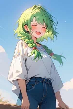 1girl, solo, closed eyes, open mouth, smile, light green hair, light blush, bangs, facing viewer, casual clothing, messy_fishtail hair,, :d, ^_^, teeth, 8k raw, soft line, cowboy_shot, masterpiece:1.2, best quality:1.2,animeniji