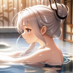 "Create a stunning piece of art featuring an anime girl with long, shimmering silver hair, bathing underwater in a body of water, 1girl, solo, onsen, partially submerged, This artwork should showcase a high level of detail, realistic shading, and stable diffusion techniques to create a dreamy and enchanting atmosphere. The character's facial expression and posture should convey a sense of wonder and serenity, while the entire composition should be in full color, 16k, highres, masterpiece, back view, looking over shoulder, LOFI,spotlight