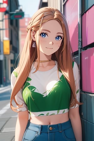 masterpiece:1.2, best quality:1.2, 8k raw, (anime:1.2), illustration, highly detailed,ink,animeniji, beautiful female fashion model posing and smiling, 21 years old, wearing pastel green tshirt, cleavage, busty, looking at viewer, kawaii, blonde hair,portrait,fern