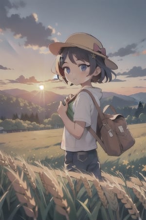 masterpiece,best quality,landscape, 1boy, 1girl, first love, hat, wheat, farm, sunset, lens flare, mountain, clouds,