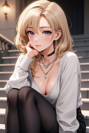 a close up of a woman sitting on a step with a hand on her chin, beautiful girl, attractive pose, silver necklace, beautiful model, casual pose, seductive, attractive anime girl, beautiful anime photo, alluring, aesthetic, thoughtful pose, bokeh, best quality, masterpiece, blonde hair,make_3d, 8k