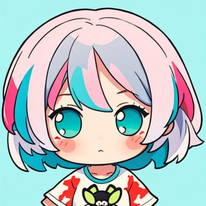sticker design, super cute anime chibi style, chibi girl, wearing a oversized white tee with rabbit head print design, funko pop toy, multicolored hair, pink hair, grey hair, green eyes, fumo, surprised
