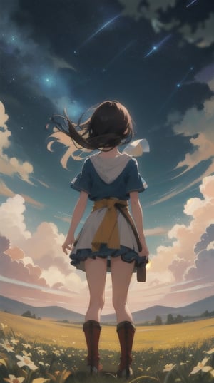 (3/4 view), Extremely detailed really cute young woman standing in a field with a stunning sky over her with stars, earthy color palette, jrpg, cartoonish vector, volumetric lights, nature-evocative, enchanting, whimsical, detailed, emotionally evocative, fantastical, imaginative, visually rich, nostalgic, vivid, expansive, atmospheric, dynamic, ever-changing, awe-inspiring, painterly, dramatic, dreamlike, emotive, best quality (sky 60%) art by MSchiffer,