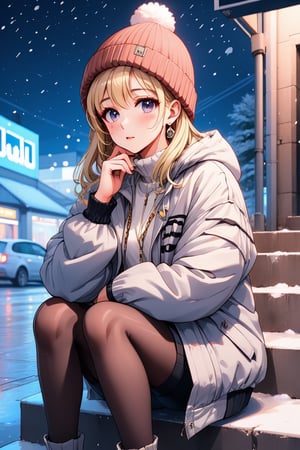 a close up of a woman sitting on a step with a hand on her chin, beautiful girl, attractive pose, silver necklace, beautiful model, beanie hat, winter jacket, snowing, romantic, casual pose, seductive, attractive anime girl, beautiful anime photo, alluring, aesthetic, thoughtful pose, (bokeh), best quality, masterpiece, long blonde hair,make_3d, 8k,lofi, pov_eye_contact, nighttime, cyber background